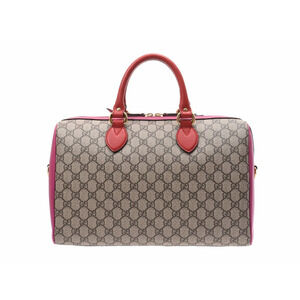 Gucci GG Supreme Boston Bag Beige Pink Red Leather Strap